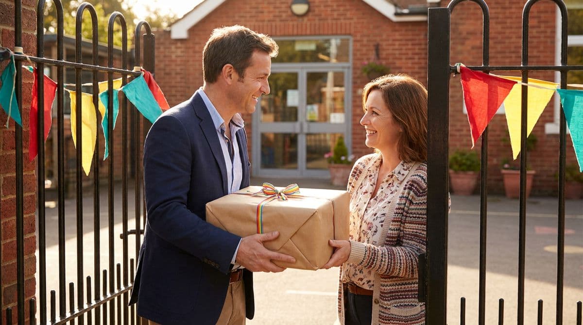 A business owner handing a parcel to a school receptionist