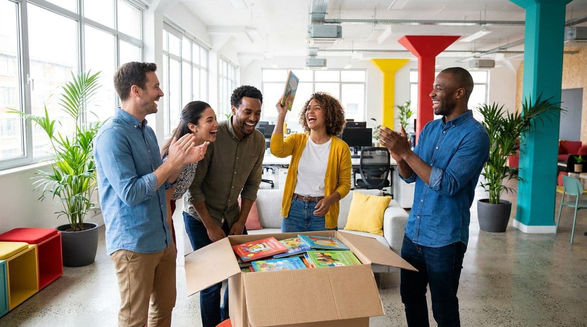 An office team packing a box of books