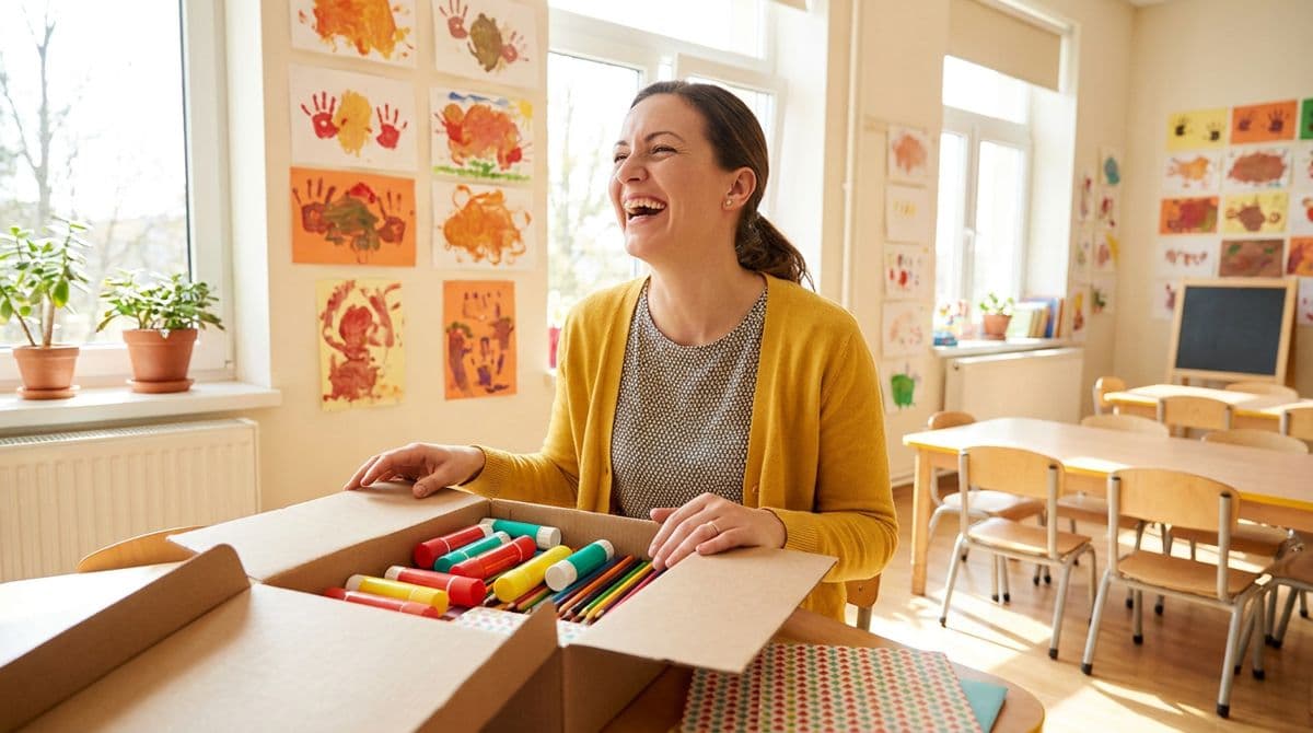 A teacher opening a box of donated supplies
